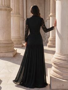Coutiva Women's Lace Boning Fitted Pleated Formal Evening Gown Dress (Heavy Workmanship Style) - Black - View 2