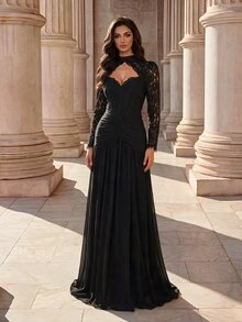 Coutiva Women's Lace Boning Fitted Pleated Formal Evening Gown Dress (Heavy Workmanship Style) - Black - View 4