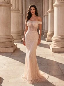 Coutiva Women's Sequin Embroidered Off-Shoulder Front Beaded & Sequins Embellished Long Formal Evening Gown (Heavy Workmanship Style) - Pink - View 1