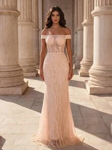 Coutiva Women's Sequin Embroidered Off-Shoulder Front Beaded & Sequins Embellished Long Formal Evening Gown (Heavy Workmanship Style) - Pink - View 5