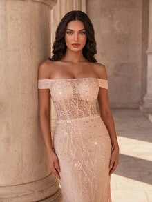 Coutiva Women's Sequin Embroidered Off-Shoulder Front Beaded & Sequins Embellished Long Formal Evening Gown (Heavy Workmanship Style) - Pink - View 6