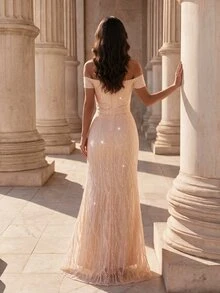 Coutiva Women's Sequin Embroidered Off-Shoulder Front Beaded & Sequins Embellished Long Formal Evening Gown (Heavy Workmanship Style) - Pink - View 2