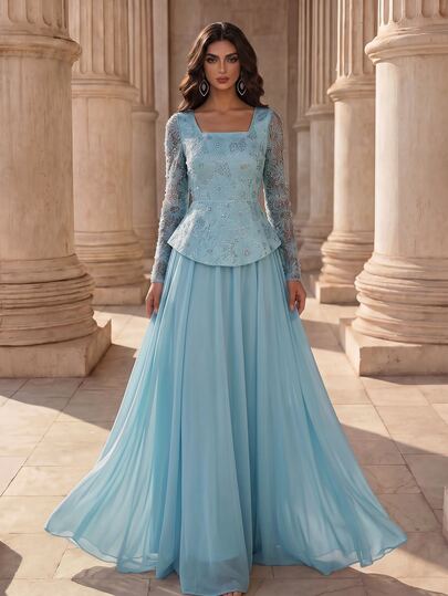 Coutiva Women's Jacquard Elegant Waist-Cinching Evening Party Dress