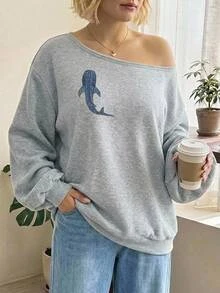 SHEIN CURVE+ Plus Size Women's Casual Minimalist Plus Size Asymmetrical Shoulder Print Pattern Sweatshirt, Comfortable And Cozy, Suitable For Autumn/Winter - Grey - View 7