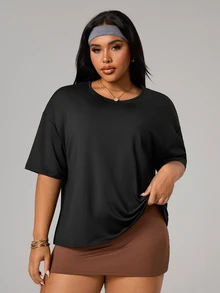 SHEIN Sports Plus Size Women Solid Color Backless Sports T-Shirt - Black - View 2
