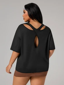 SHEIN Sports Plus Size Women Solid Color Backless Sports T-Shirt - Black - View 8