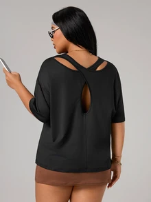 SHEIN Sports Plus Size Women Solid Color Backless Sports T-Shirt - Black - View 7