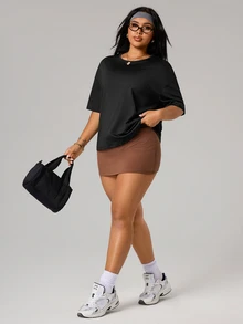 SHEIN Sports Plus Size Women Solid Color Backless Sports T-Shirt - Black - View 6