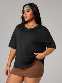 SHEIN Sports Plus Size Women Solid Color Backless Sports T-Shirt - Black - View 4