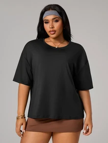 SHEIN Sports Plus Size Women Solid Color Backless Sports T-Shirt - Black - View 3