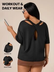 SHEIN Sports Plus Size Women Solid Color Backless Sports T-Shirt - Black - View 1