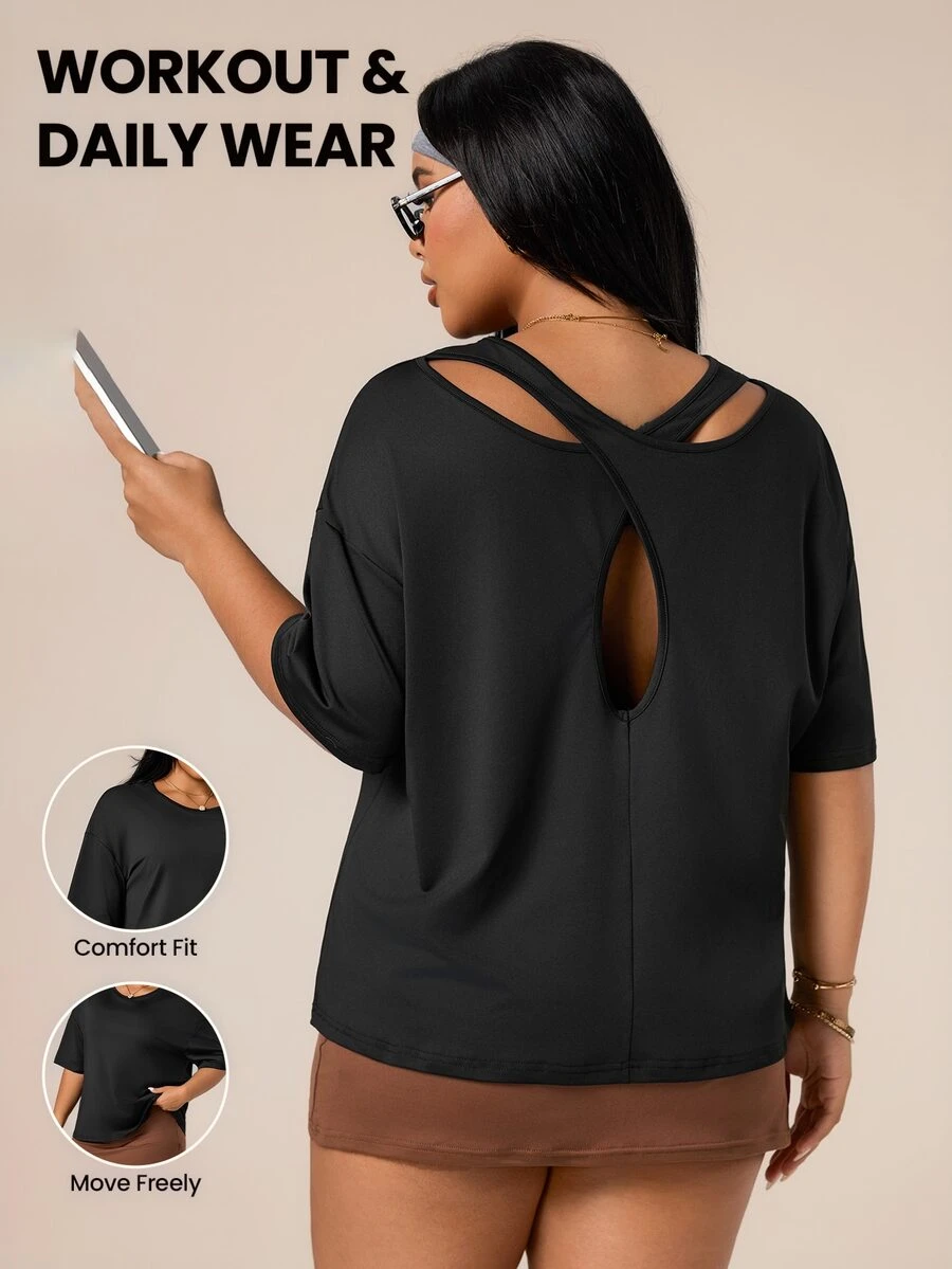 SHEIN Sports Plus Size Women Solid Color Backless Sports T-Shirt - Black - View 1