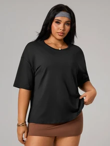 SHEIN Sports Plus Size Women Solid Color Backless Sports T-Shirt - Black - View 5