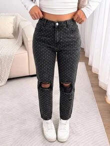 Slaydiva Plus Size Polka Dot Print Distressed Jeans Autumn Christmas Rock In Rio Dot Black Pants Concert Outfit Fall - Black and White - View 6