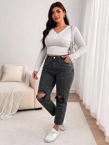 Slaydiva Plus Size Polka Dot Print Distressed Jeans Autumn Christmas Rock In Rio Dot Black Pants Concert Outfit Fall - Black and White - View 4