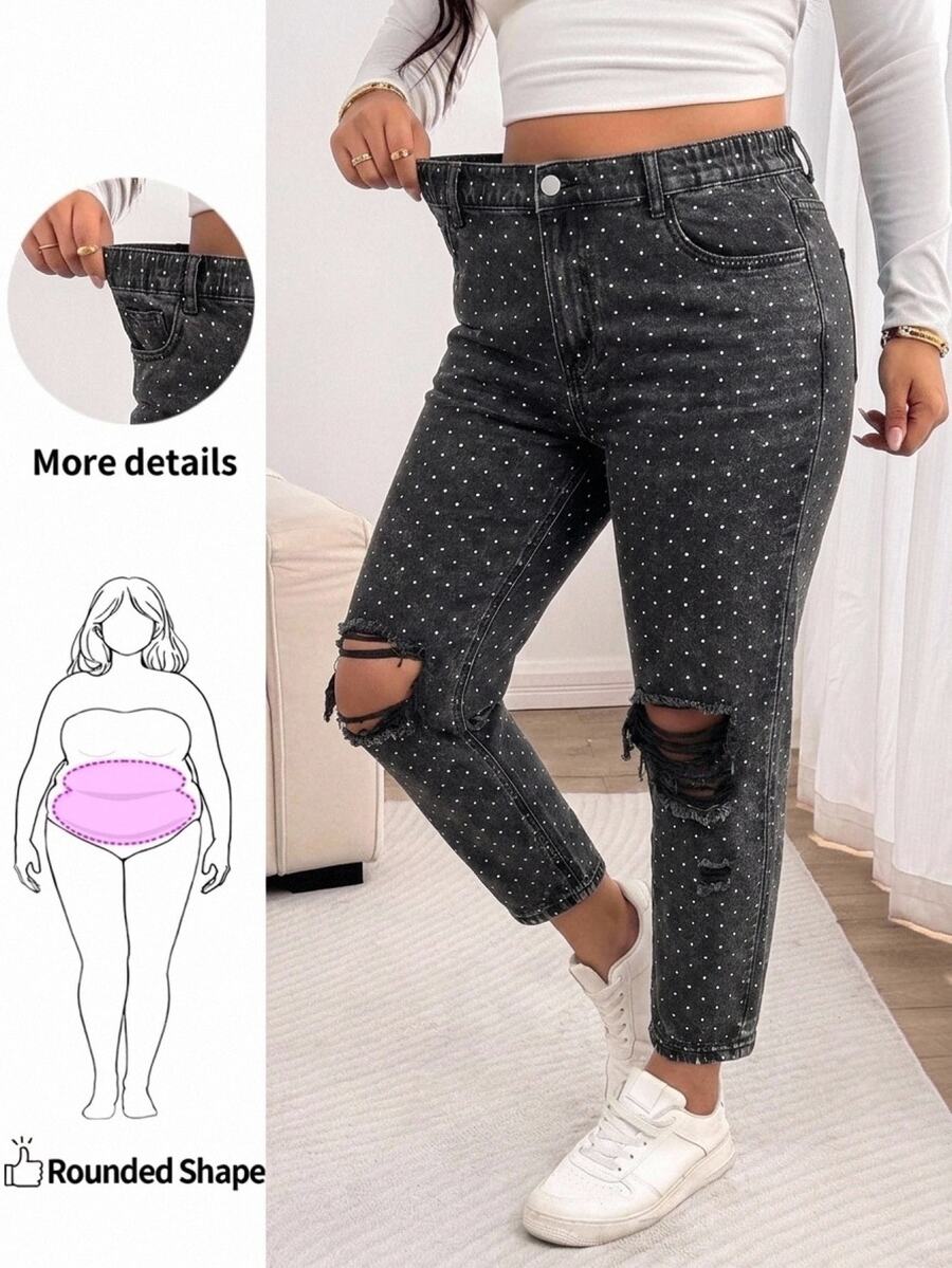 Slaydiva Plus Size Polka Dot Print Distressed Jeans Autumn Christmas Rock In Rio Dot Black Pants Concert Outfit Fall