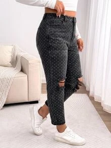 Slaydiva Plus Size Polka Dot Print Distressed Jeans Autumn Christmas Rock In Rio Dot Black Pants Concert Outfit Fall - Black and White - View 5