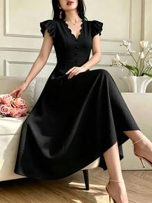Celisse Women's Solid Color Pleated Elegant Waist-Cinching Mid-Length Party Dress - Black - View 4