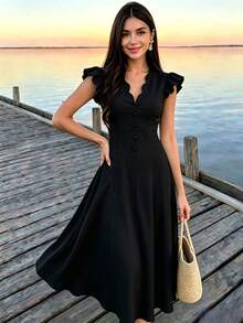 Celisse Women's Solid Color Pleated Elegant Waist-Cinching Mid-Length Party Dress - Black - View 1