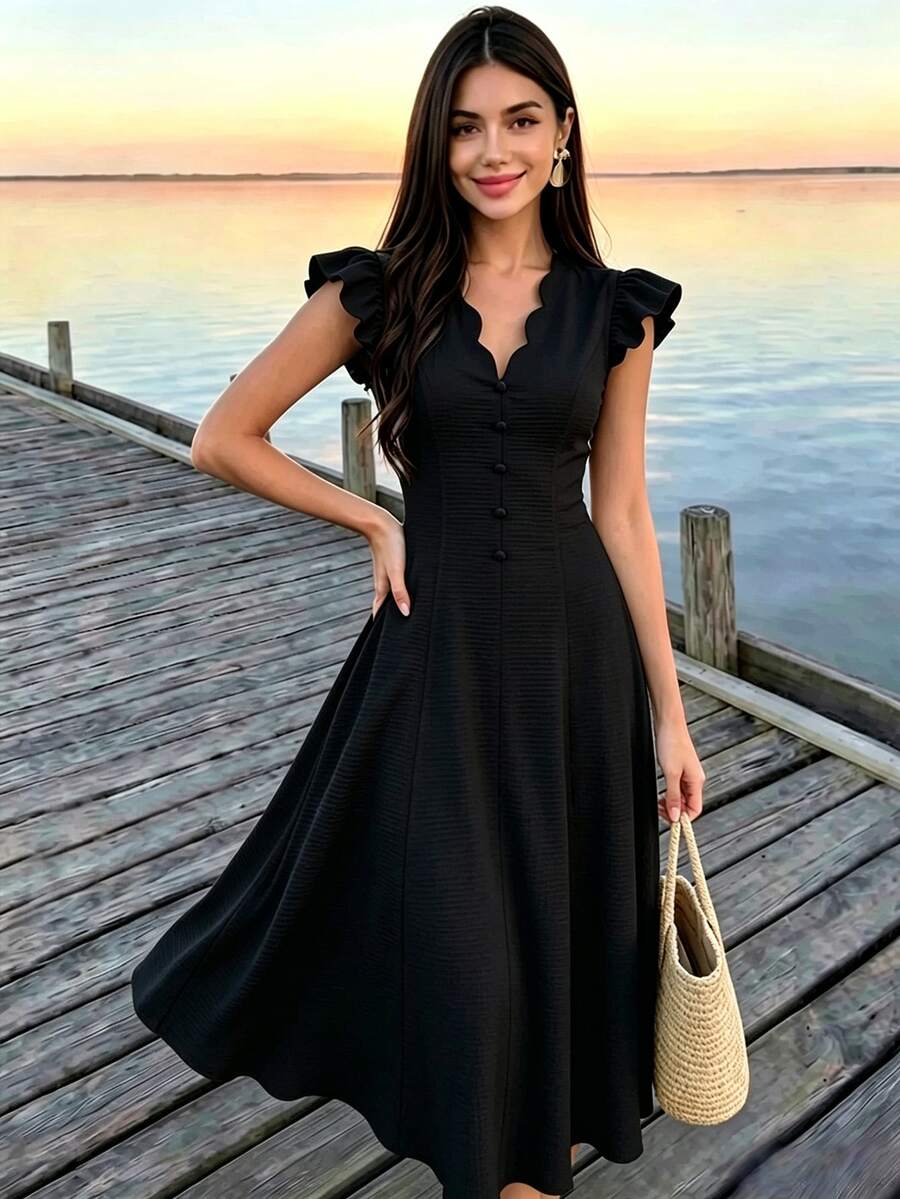 Celisse Women's Solid Color Pleated Elegant Waist-Cinching Mid-Length Party Dress - Black - View 1