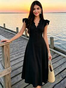 Celisse Women's Solid Color Pleated Elegant Waist-Cinching Mid-Length Party Dress - Black - View 3