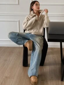 DAZY 女士纯色宽松高领拉链开衫，秋季女装夹克 - 卡其色 - 查看 6