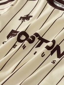 SHEIN Sparklyn 青少年女孩2件式T恤套裝，休閒寬鬆針織款，開學季穿搭，喇叭袖復古修身秋季條紋字母直筒女童套裝 - 彩色 - 查看 5