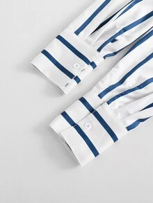 SHEIN 青少年女孩休閒開學季春秋條紋領單排扣開襟襯衫 - 彩色 - 查看 6
