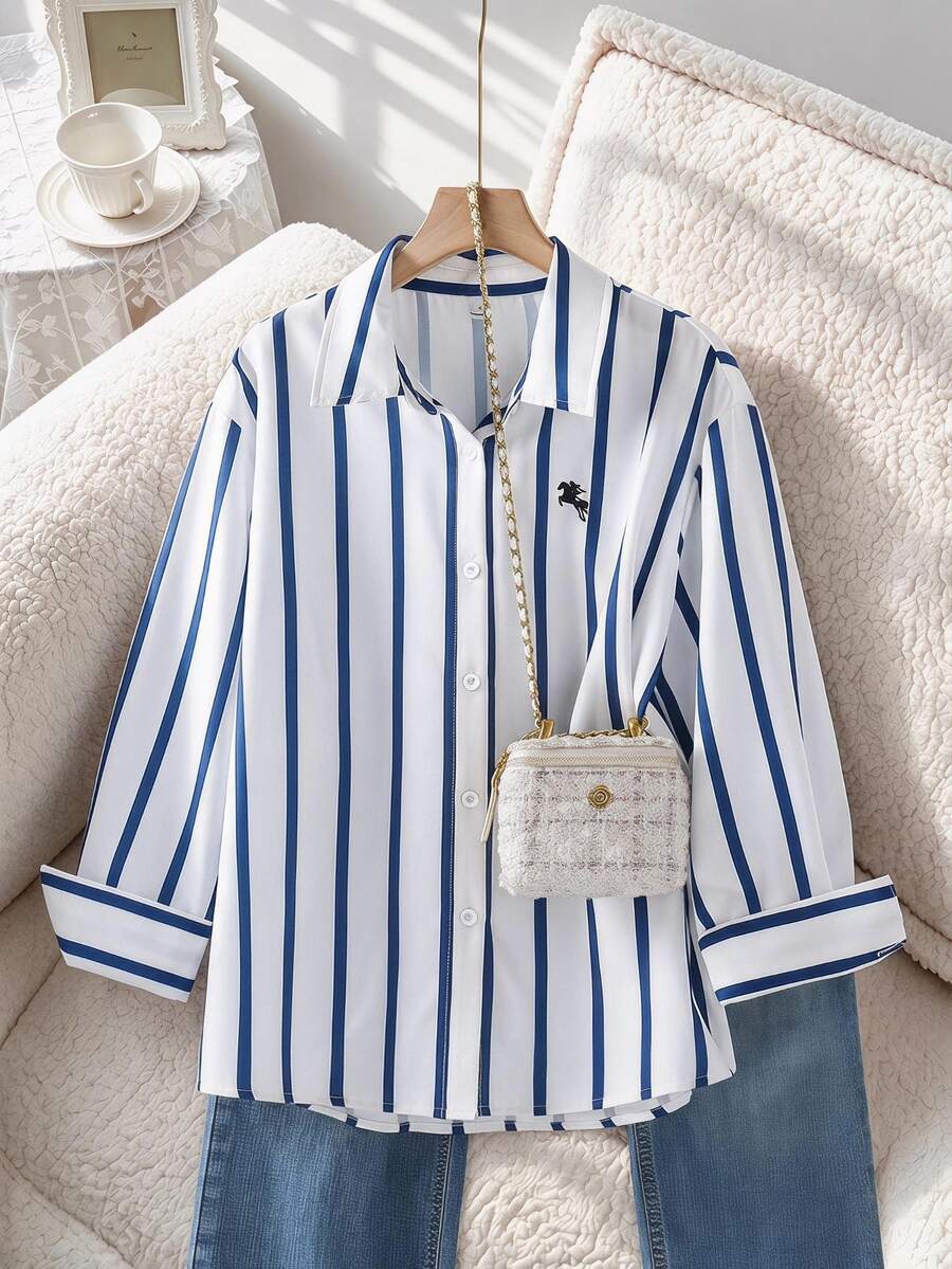 SHEIN 青少年女孩休閒開學季春秋條紋領單排扣開襟襯衫 - 彩色 - 查看 1