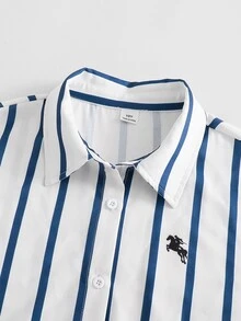SHEIN 青少年女孩休閒開學季春秋條紋領單排扣開襟襯衫 - 彩色 - 查看 3