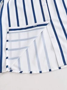 SHEIN 青少年女孩休閒開學季春秋條紋領單排扣開襟襯衫 - 彩色 - 查看 5
