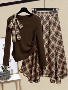 Elenzga Plus Size Women Long Sleeve Knit Top And Plaid Skirt Set,Autumn,Elegant,Tea Party Collegiate Style Outfit,Commute Date 2 Pieces Brown Clothes Fall - Coffee Brown - View 9