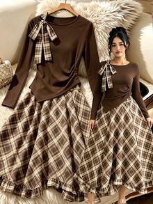 Elenzga Plus Size Women Long Sleeve Knit Top And Plaid Skirt Set,Autumn,Elegant,Tea Party Collegiate Style Outfit,Commute Date 2 Pieces Brown Clothes Fall - Coffee Brown - View 4