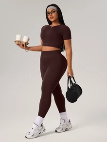 Rhythm Era 1 Set Plus Size Brown Seamless Sports Set,Summer Athletic Pilates Workout Sets For Women Curve,Quick Dry Gym Outfit,Round Neck Leggings,Lift Breasts - Brown - View 5