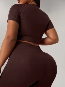 Rhythm Era 1 Set Plus Size Brown Seamless Sports Set,Summer Athletic Pilates Workout Sets For Women Curve,Quick Dry Gym Outfit,Round Neck Leggings,Lift Breasts - Brown - View 3