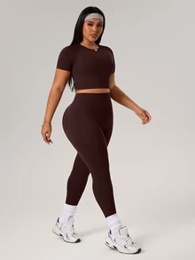 Rhythm Era 1 Set Plus Size Brown Seamless Sports Set,Summer Athletic Pilates Workout Sets For Women Curve,Quick Dry Gym Outfit,Round Neck Leggings,Lift Breasts - Brown - View 6
