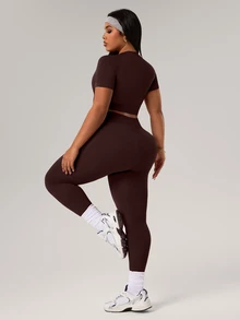 Rhythm Era 1 Set Plus Size Brown Seamless Sports Set,Summer Athletic Pilates Workout Sets For Women Curve,Quick Dry Gym Outfit,Round Neck Leggings,Lift Breasts - Brown - View 4
