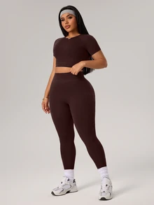 Rhythm Era 1 Set Plus Size Brown Seamless Sports Set,Summer Athletic Pilates Workout Sets For Women Curve,Quick Dry Gym Outfit,Round Neck Leggings,Lift Breasts - Brown - View 7
