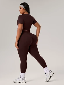 Rhythm Era 1 Set Plus Size Brown Seamless Sports Set,Summer Athletic Pilates Workout Sets For Women Curve,Quick Dry Gym Outfit,Round Neck Leggings,Lift Breasts - Brown - View 9