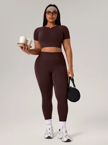 Rhythm Era 1 Set Plus Size Brown Seamless Sports Set,Summer Athletic Pilates Workout Sets For Women Curve,Quick Dry Gym Outfit,Round Neck Leggings,Lift Breasts - Brown - View 8