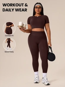 Rhythm Era 1 Set Plus Size Brown Seamless Sports Set,Summer Athletic Pilates Workout Sets For Women Curve,Quick Dry Gym Outfit,Round Neck Leggings,Lift Breasts - Brown - View 2
