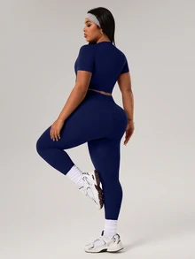 Rhythm Era 1 Set Plus Size Navy Blue Seamless Sports Suit,Summer Athletic Pilates Workout Set For Women,Quick-Dry Lift Breasts Top & 7/8 Leggings Gym Outfit - Navy Blue - View 3