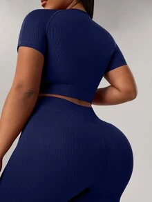 Rhythm Era 1 Set Plus Size Navy Blue Seamless Sports Suit,Summer Athletic Pilates Workout Set For Women,Quick-Dry Lift Breasts Top & 7/8 Leggings Gym Outfit - Navy Blue - View 2
