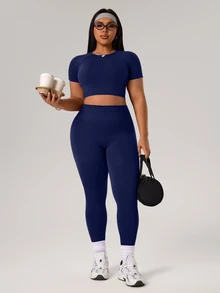 Rhythm Era 1 Set Plus Size Navy Blue Seamless Sports Suit,Summer Athletic Pilates Workout Set For Women,Quick-Dry Lift Breasts Top & 7/8 Leggings Gym Outfit - Navy Blue - View 7
