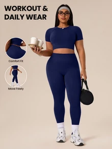 Rhythm Era 1 Set Plus Size Navy Blue Seamless Sports Suit,Summer Athletic Pilates Workout Set For Women,Quick-Dry Lift Breasts Top & 7/8 Leggings Gym Outfit - Navy Blue - View 1
