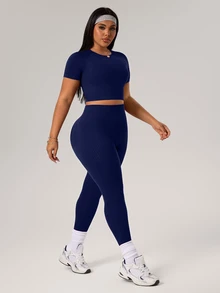 Rhythm Era 1 Set Plus Size Navy Blue Seamless Sports Suit,Summer Athletic Pilates Workout Set For Women,Quick-Dry Lift Breasts Top & 7/8 Leggings Gym Outfit - Navy Blue - View 5