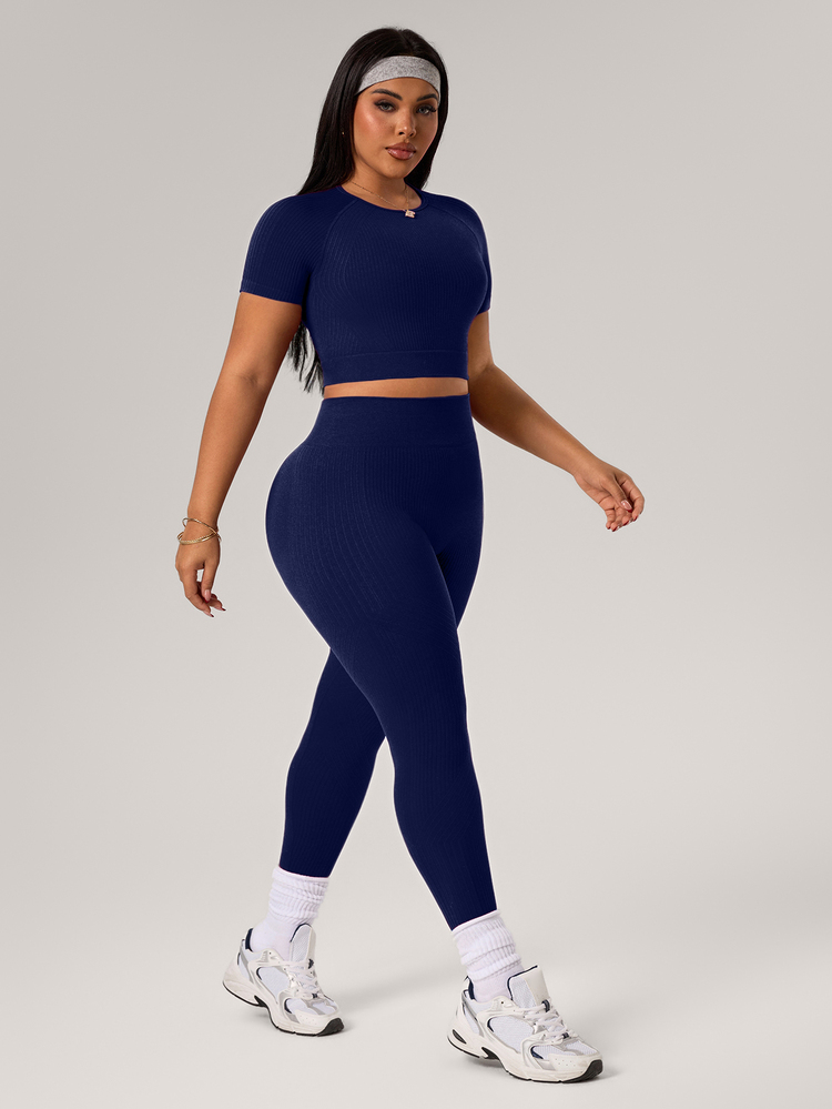 Rhythm Era 1 Set Plus Size Navy Blue Seamless Sports Suit,Summer Athletic Pilates Workout Set For Women,Quick-Dry Lift Breasts Top & 7/8 Leggings Gym Outfit - Navy Blue - View 5