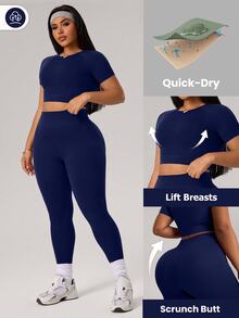 Rhythm Era 1 Set Plus Size Navy Blue Seamless Sports Suit,Summer Athletic Pilates Workout Set For Women,Quick-Dry Lift Breasts Top & 7/8 Leggings Gym Outfit - Navy Blue - View 9
