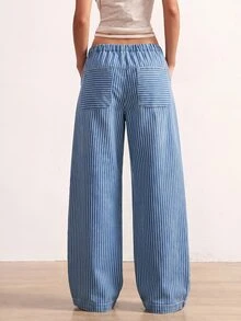 Bohemela Plus-Size Women's Striped Button Wide-Leg Loose Jeans, Blue Jeans For Everyday Casual 1960s 90s Wear. Summer Vacation Formal - Medium Wash - View 3