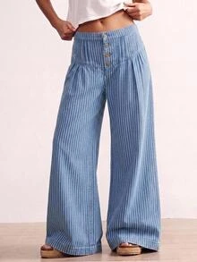 Bohemela Plus-Size Women's Striped Button Wide-Leg Loose Jeans, Blue Jeans For Everyday Casual 1960s 90s Wear. Summer Vacation Formal - Medium Wash - View 2